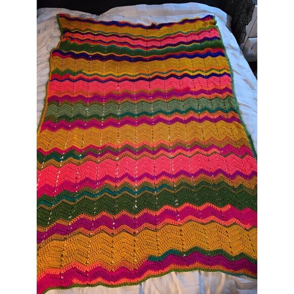 Vintage Handmade Colorful Neon Zigzag Chevron Throw Blanket Festival Crochet - Picture 2 of 8